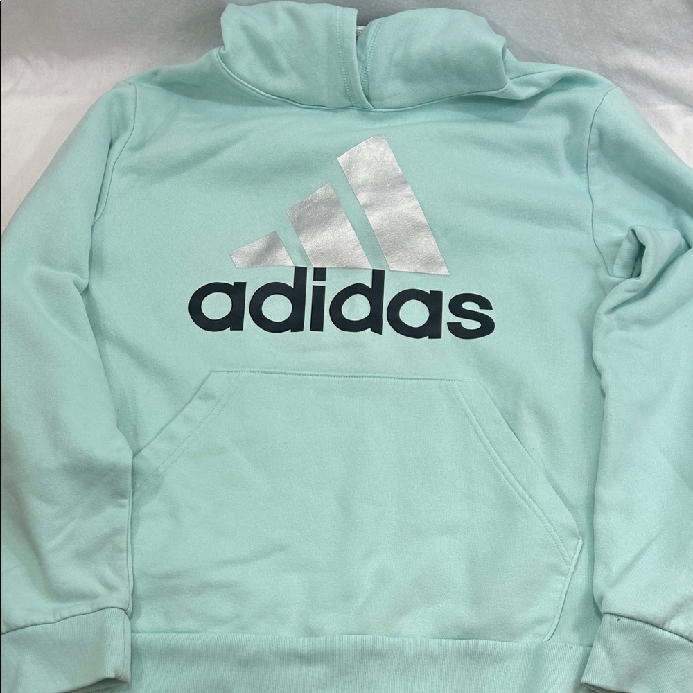 Adidas Light Mint Green Blue  Hoodie with Silver Logo Large 14 L